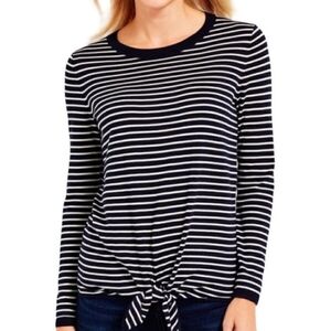 Talbots Navy Stripe Tie Front Crewneck Sweater